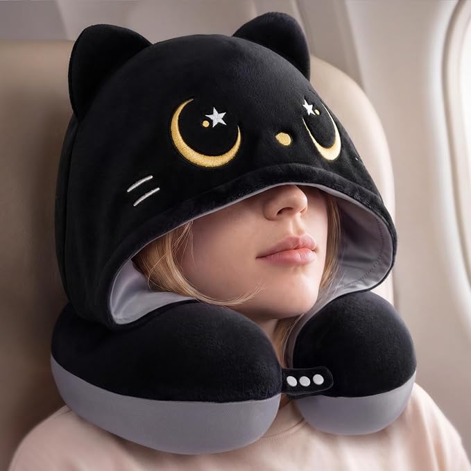 Mewaii Travel Neck Pillow, Airplane Pillow with Hood, Memory Foam, Gray | Neck Support, Reversible, Adjustable Strap, Washable Cover, Cat-Ear Hood, Storage Bag, for Flights, Adults & Teens by Mewaii