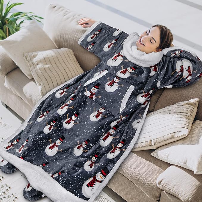PAVILIA Sherpa Blanket with Sleeves, Foot Pocket for Women Men Adults, Thick Wearable Blanket Throw Wrap, Fleece Warm Snuggle Blanket Robe, Cozy Gift Ideas Wife Mom, Snowman Gray - Image 3