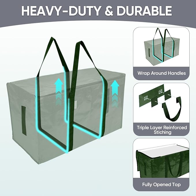 TICONN 2 Pack Extra Large Moving Bags Heavy Duty with Zippers & Carrying Handles, Durable Storage Bags Moving Boxes for Closet Organizers and Storage (2 Pack, Olive) - Image 3
