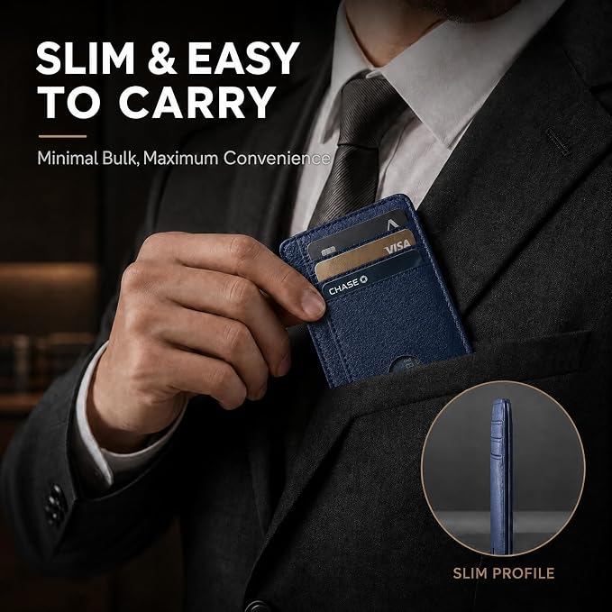 Slim Minimalist Front Pocket RFID Blocking Leather Credit Card Holder, Small Compact Wallet with ID Window for Men and Women (Blue) - Image 3