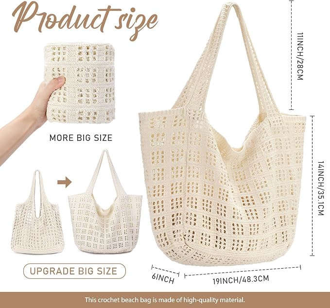 hatisan Crochet Bag for Women, Handmade Knit Beach Tote Bag Summer - Image 4