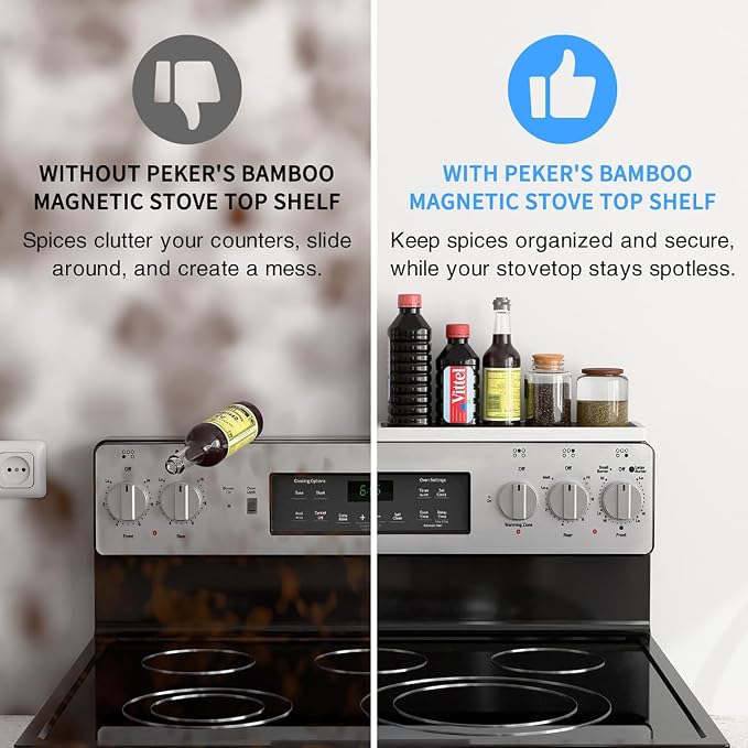 PEKER Magnetic Stove Top Shelf for 30" Stoves, Over Oven Shelf Above with Bamboo Spice Rack Organizer, Heat-Resistant, Space-Saving Solution for Kitchen Storage - Image 5