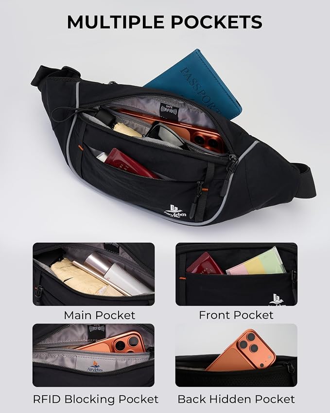 2.5L Fanny Pack for Women Men, RFID Blocking Crossbody Belt Bag, Black | Lightweight Water-Resistant Fabric, Adjustable Belt, Breathable Back Padding, Waist Bag for Running Hiking Dog Walking - Image 3