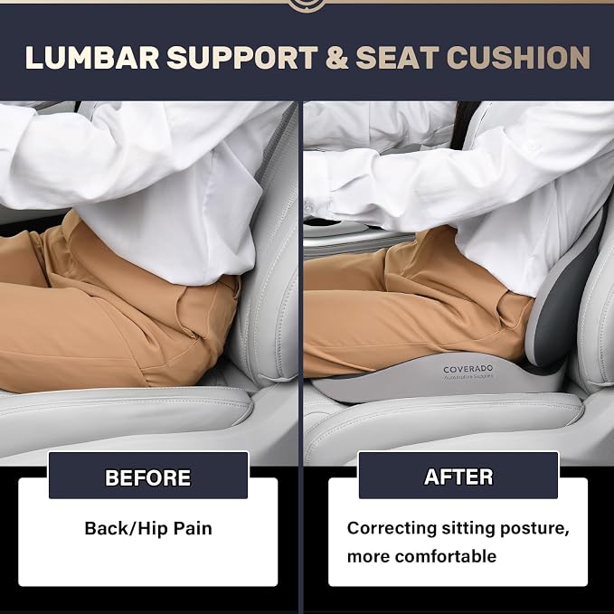 Coverado Car Seat Cushion and Lumbar Support Pillow, Memory Foam Ergonomic Back Support Driving Seat Cushion for Sciatica, Tailbone, Back Pain, Non-Slip Washable Cushion for Car, Driver, Office - Image 4