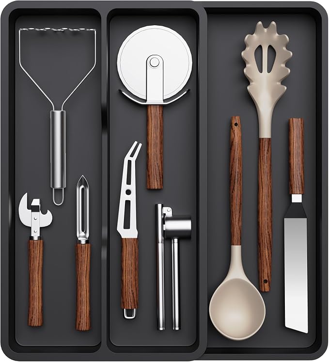 Lifewit Utensil Organizer for Kitchen Drawer, Expandable Cooking Tray | Adjustable Cutlery Flatware Holder, Plastic Silverware Spatula Tools Storage Divider, 8.9-14.4 x 15.8", Black by Lifewit