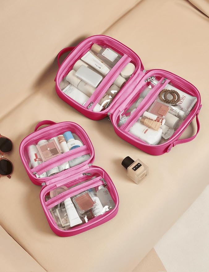 Clear Cosmetic Bag Double Layer Travel Toiletry Bag Clear Makeup Bag Case with 4 Compartments, Transparent Travel Bag for Toiletries, Large Toiletry Bag for Women Cosmetic Case (Hot Pink, Large) - Image 9