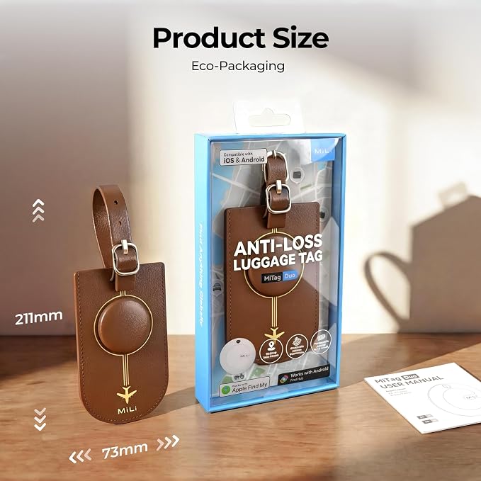 MiLi Smart Bluetooth Luggage Tracker Tag for iOS & Android | Works with Apple Find My & Google Find Hub, Anti-Lost Leather Travel Locator for Suitcase, Backpack & Gear, Brown - Image 2