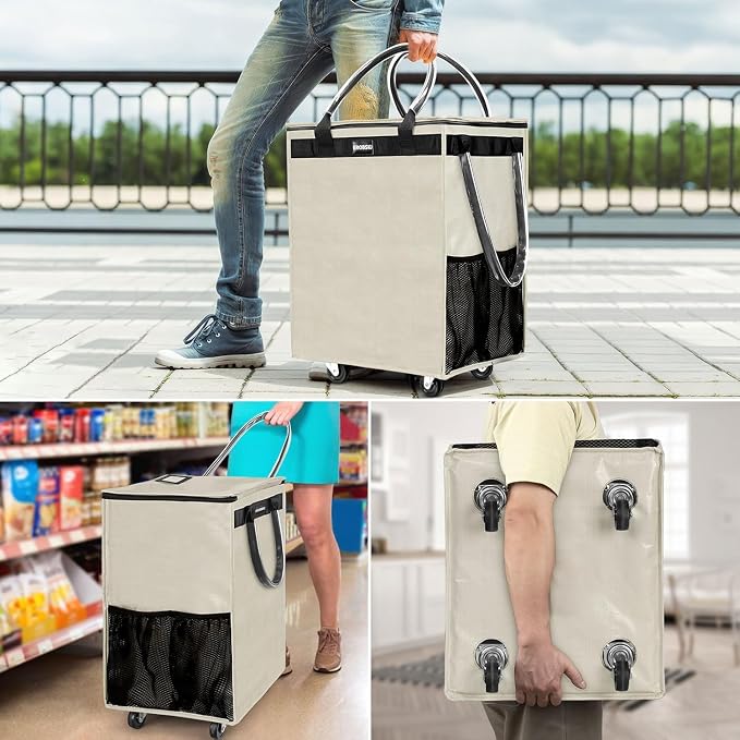 (Medium,Beige) Reusable Grocery Bag on Wheels, Foldable Rolling Tote, Carries Up to 66 lbs Shopping Trolley, Zipper Clouser Shopping Carts for Trips, Laundry, 4 Heavy Duty Wheels and 3 Handles - Image 7