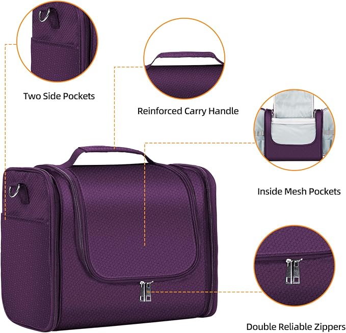Buruis Extra Large Hanging Toiletry Bag for Women and Men, Purple | Honeycomb Nylon, Detachable Shoulder Strap, Dual Zippers, Metal Hanging Hook, Full-Size Toiletry Storage, Travel Essentials - Image 4