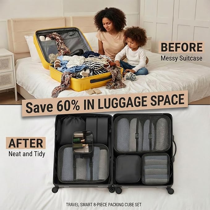 8 Set Packing Cubes for Travel with Clear Toiletry Bag, Durable Luggage Packing Organizers for Suitcase, Carry-On Accessories, TSA Approved See-Through Cubes, Space-Saving Storage Bags - Image 6