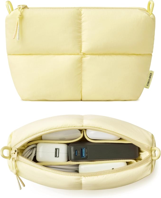 Comfyable Puffy Electronics Organizer Travel Case, Cute Tech Pouch for Women Men, Cable Storage Bag for Charger, Phone, Power Bank, Cord, Compact Tech Accessories Pouch, Butter Yellow by Comfyable