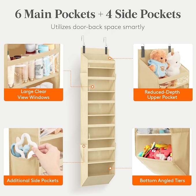 Lifewit 1 Pack Over the Door Organizer, 6 Section Clear Window Hanging Storage with 4 Side Pockets, Sturdy Anti Tilt 40 lbs Load Behind Door for Closet, Bedroom, Bathroom, Nursery, Dorm, Beige - Image 3