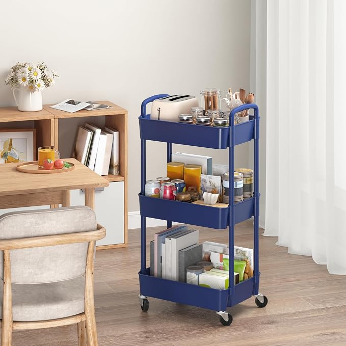 Sywhitta 3-Tier Plastic Rolling Utility Cart with Wheels for Storage,Blue | Multi-Functional Storage Trolley, for Office, Living Room, Kitchen, Bathroom,Movable Organizer,Space-Saving,Easy to assemble - Image 3