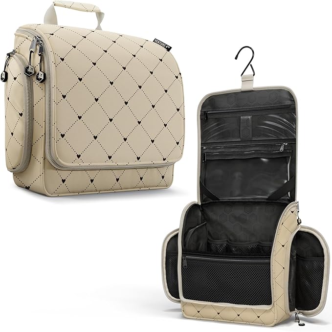 VENTURE 4TH Hanging Travel Toiletry Bag, 17 Compartments - Beige Diamonds | Hangs on rails, hooks or doors; stands upright too. Removable TSA pouch. Water-resistant 900D Nylon, reinforced stitching. by VENTURE4TH