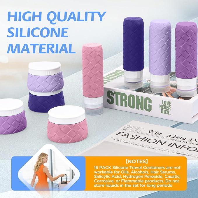 16 Pack Travel Bottles for Toiletries, TSA Approved Travel Size Toiletries Containers Set, BPA-Free Silicone Leak Proof Refillable Bottles Stackable Creams Jars Accessories Kit W/Clear Bag(Purple) - Image 6