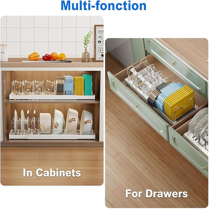 Mustorn Pots and Pans Organizer Under Cabinet, 22" Expandable Food Storage Container Lid Organizers with 9 Adjustable Dividers Pot and Pan Lid Holders Rack Inside Cabinet/Countertop(1 Pack, White) - Image 4