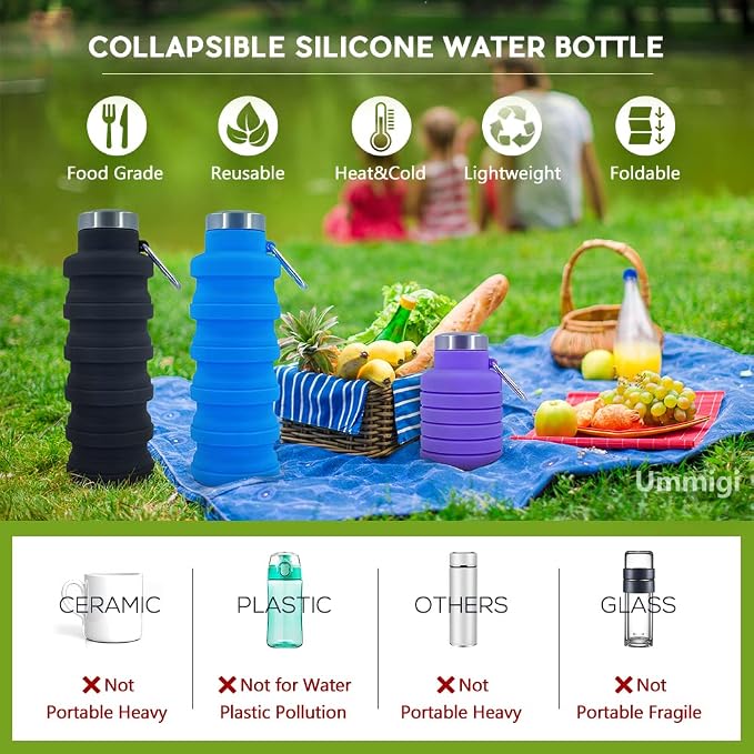 Collapsible Water Bottles 3 pack17oz (Black+Purple+Blue | BPA Free Travel Silicone Water Bottle with Carabiner，Reusable Foldable Portable Sports Bottle for Travel Camping Hiking - Image 4