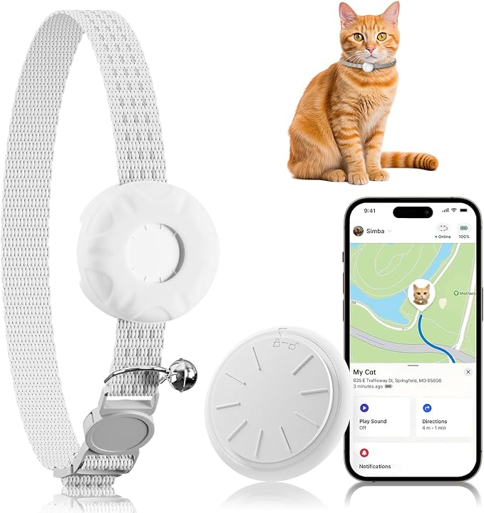 GPS Tracker for Cats,Real-Time Location Cat Tracker, Pet Tracker with Cat Collar,Compatible with Apple Find My App (Only iOS),No Monthly Fee,Waterproof,Anti-Lost Device (White) by ZFSJTAG