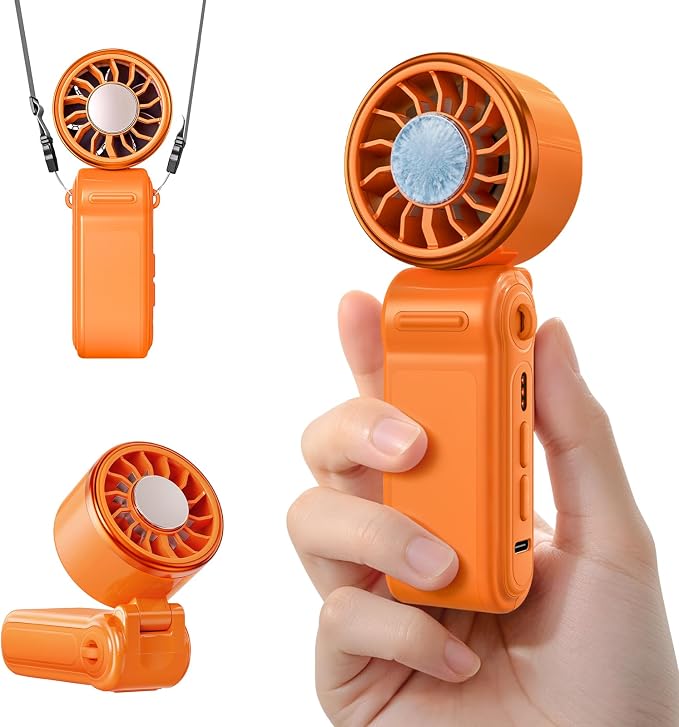 SWEETFULL Mini Portable Handheld Fan with Ice Cooling, 4000mAh Pocket Turbo Fan Rechargeable, 3 Speed, Lightweight Foldable Personal Hand Fan for Travel, Beach Vacation, Women Girls (Orange) by SWEETFULL