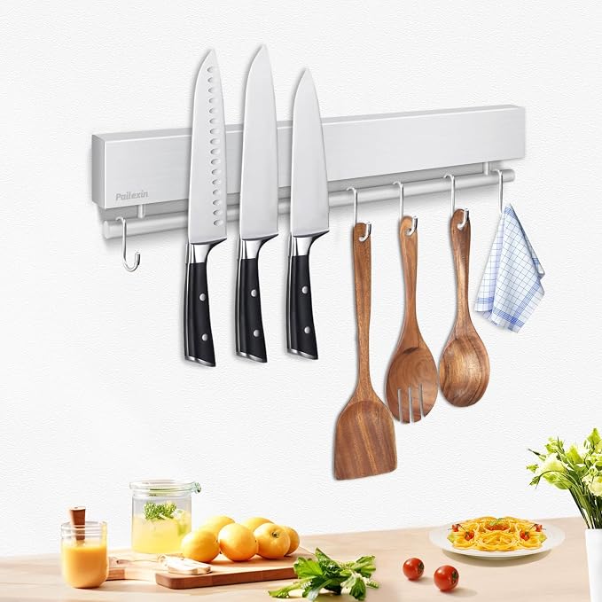 12 Inch Magnetic Knife Holder with 5 Hooks, No Drilling Wall Mount, Powerful Magnet Strip and Utensil Hanger by Unknown