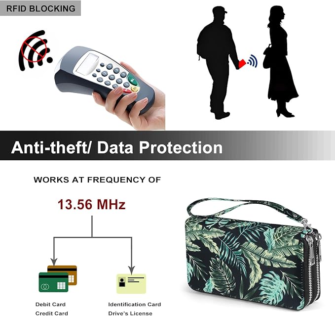 RFID Blocking Cellphone Wallet for Women with Wrist Strap, Double Zipper Travel Clutch Purse Large Capacity, Palm Leaf - Image 5