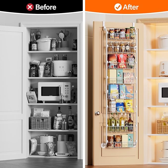 Delamu Over The Door Pantry Organizer, 8-Tier Metal Pantry Door Organization and Storage for Easy Install, Hanging Spice Rack Seasoning Shelves, Door Organizer for Kitchen, 4.65"D x 18"W x 65"H, White - Image 5