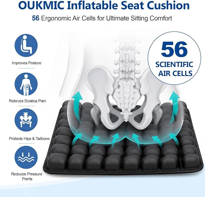 Ergonomic Inflatable Seat Cushion with 56 Airbags | Portable Travel Cushion, for Long Flights, Car & Office, Black - Image 2