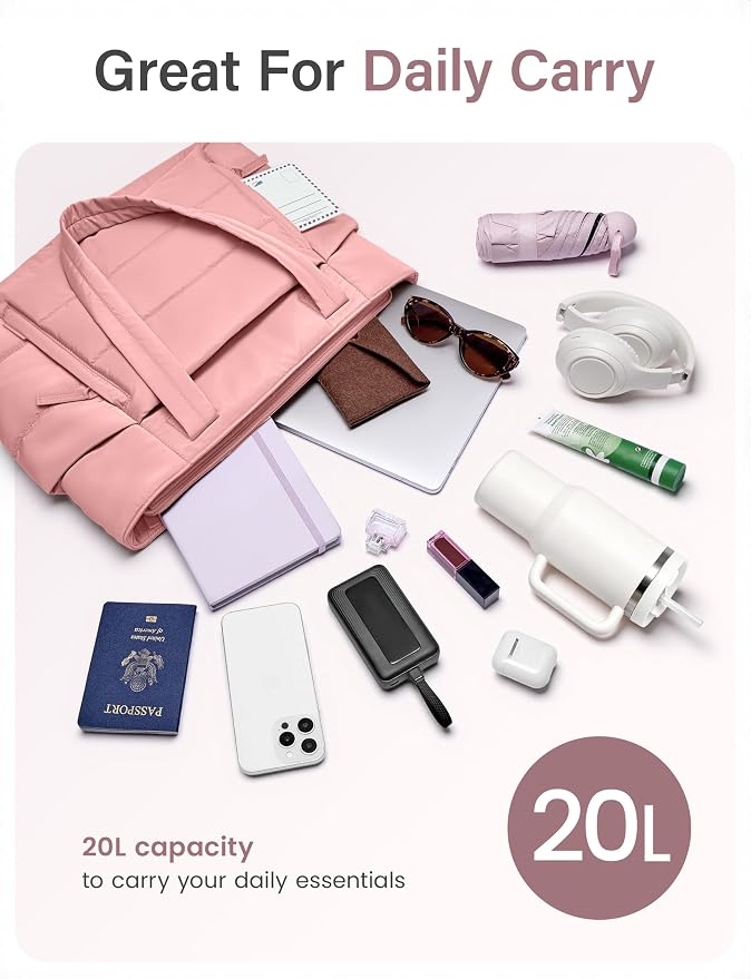 Uselike Tote Bag for Women with Zipper, Quilted Puffer Tote Bag with Compartments, Lightweight Puffy Work Bags for Women - Image 3