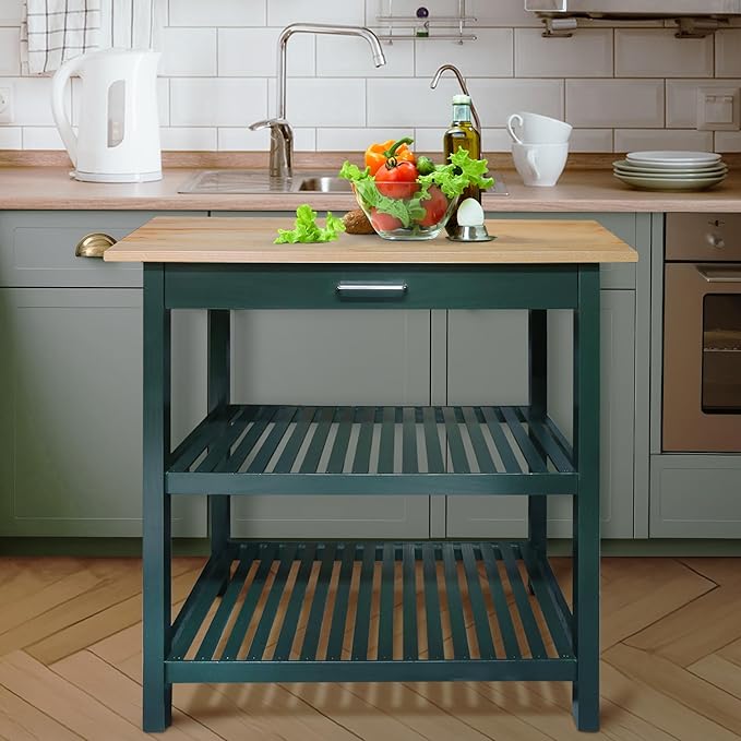 Kitchen Island with Solid Wood Top, Natural/Hunter Green - Image 5