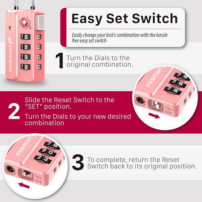 Fosmon TSA Approved Luggage Locks, 4 Digit Combination Cable Travel Lock for Suitcase & Backpack, Heavy Duty Metal Body Padlock with Open Alert Indicator (Pink, 2 Pack) - Image 5