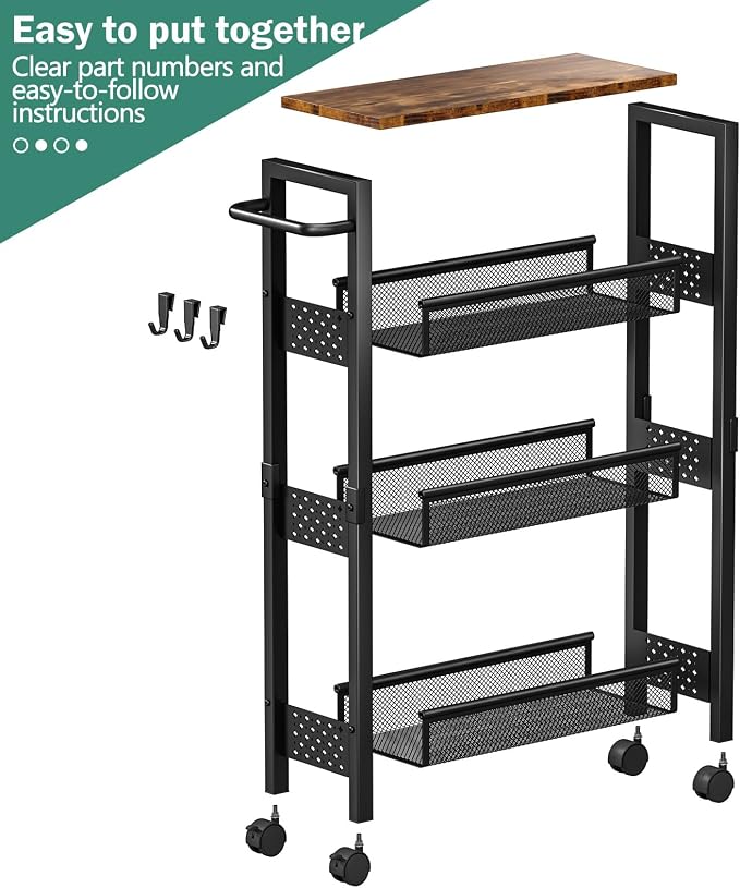 Vivihomety 4-Tier Slim Utility Rolling Laundry Cart with Wheels, Metal | Narrow 7.1" wide, Lockable wheels, wood top panel, metal frame, with handle, for laundry, bathroom, kitchen, black - Image 9