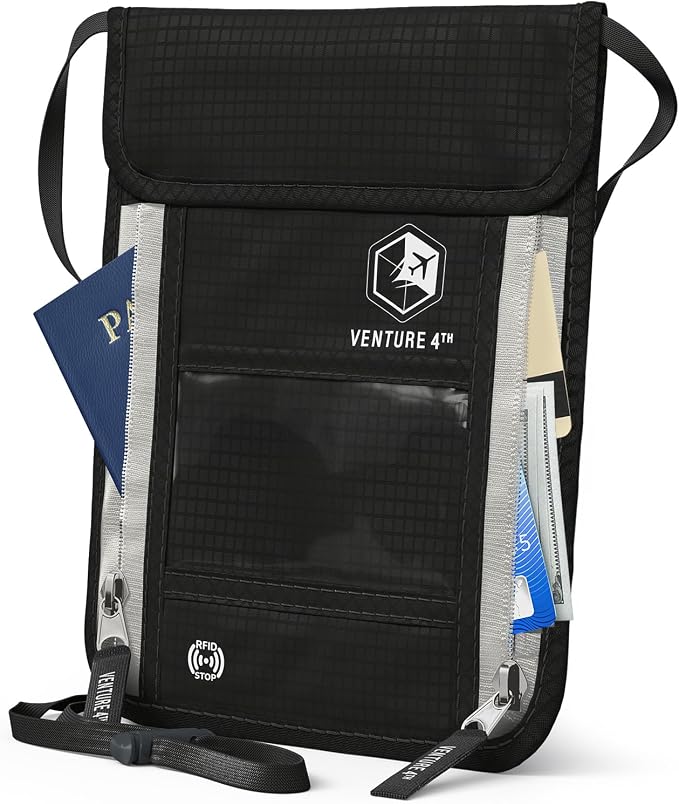 VENTURE 4TH Travel Neck Wallet, RFID Blocking Passport Holder - Black by VENTURE4TH