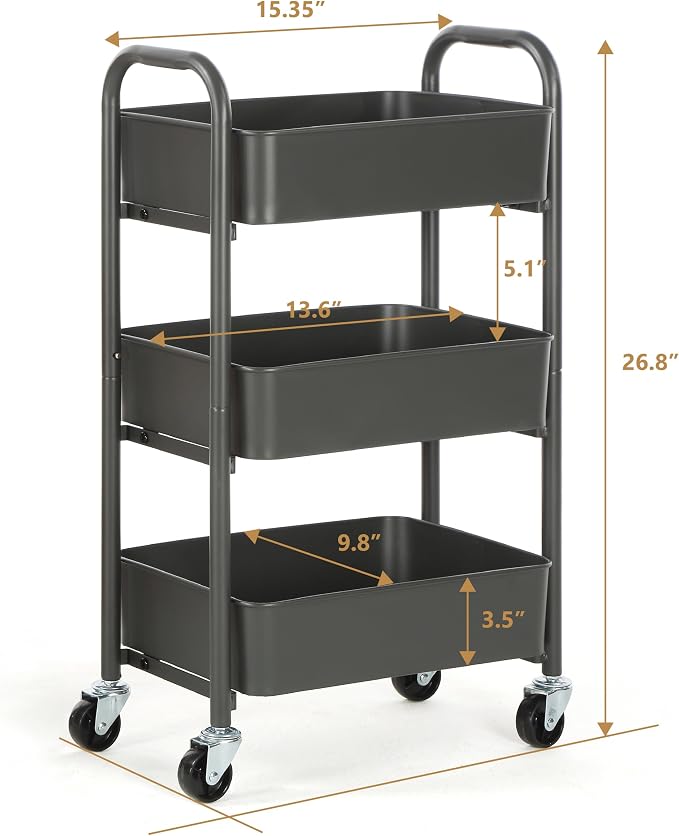 SunnyPoint 3-Tier Delicate Compact Rolling Metal Storage Organizer - Mobile Utility Cart Kitchen/Under Desk Cart with Caster Wheels (Gray, 15.35" X 10.24" X 26.8"H) - Image 3