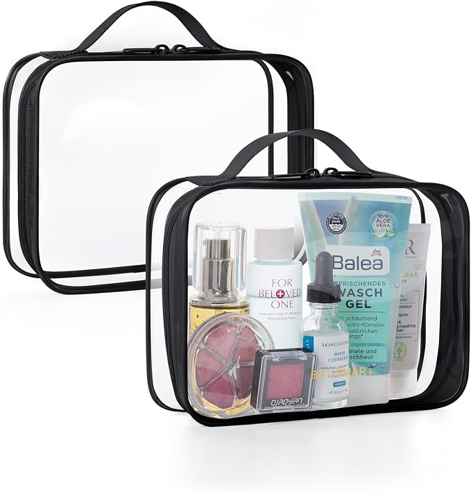 BAGSMART Clear Toiletry Bag with Handle 2-Pack TSA Approved, Black | Water-resistant Travel Toiletry Bag, Carry On Travel Accessories Bag, Airport Airline Quart Size Bags Women Men, Makeup Bag by BAGSMART
