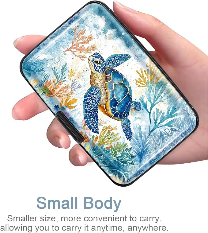 Coco Rossi Credit Card Holder RFID Aluminum Small Mini Wallet Women | Metal Wallet, Business Cards Holder, ID Case, Slim Sleeves, Womens Girls Gift, Carry Proof Wallets for Travel, Sea Turtle - Image 2