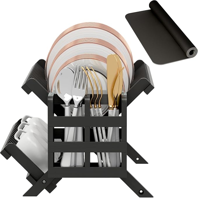 Greenual Black Bamboo Dish Drying Rack with Utensil Holder, 2 Tier Collapsible Dish Rack, Wooden Dish Racks for Kitchen Counter, Folding Drying Holder with Absorbent Dish Drying Mat - Image 7