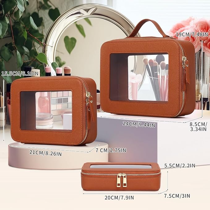 Pinkmik Clear Makeup Bag, (Brown, L+M+SLIM) | 3pcs, With Brush Bag, Waterproof Travel Case, For Cosmetics and Toiletries, With Zipper - Image 2