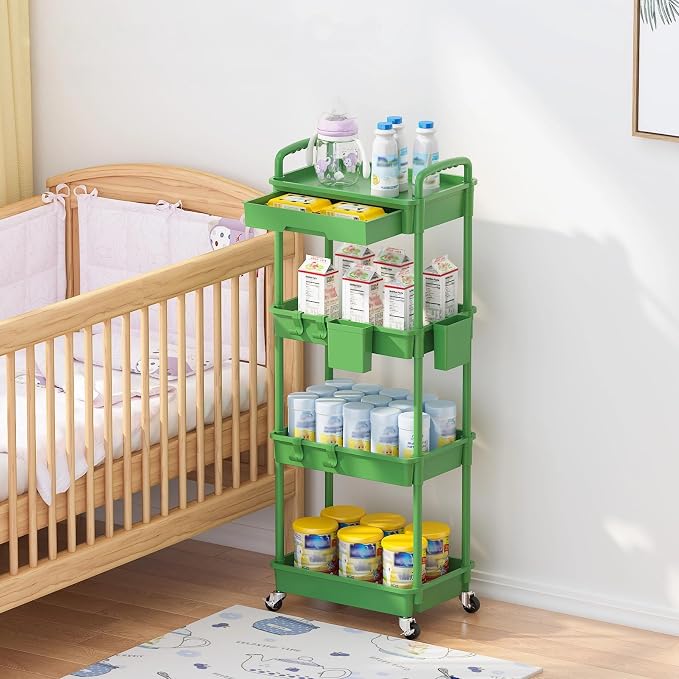4 Tier Rolling Utility Cart with Drawer, Plastic Storage Organizer Rolling Carts with Wheels Handles Hanging Cups Hooks for Office, Bathroom, Kitchen,Craft Art Room (Green) - Image 7