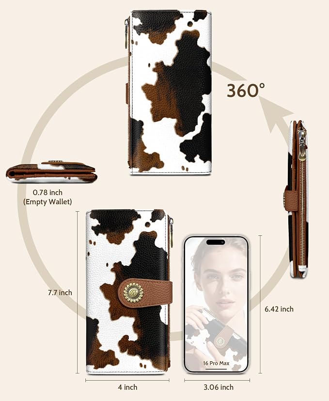 GIANCOMICS Cow Print Womens Wallet RFID Blocking, Credit Card Holder Bifold | Billfold, Cute Cash Purse, Travel Zipper Coin Pocket, Compact Clutch, PU Leather, ID Window, 11 Card Slots, Ladies Gift Woman - Image 5