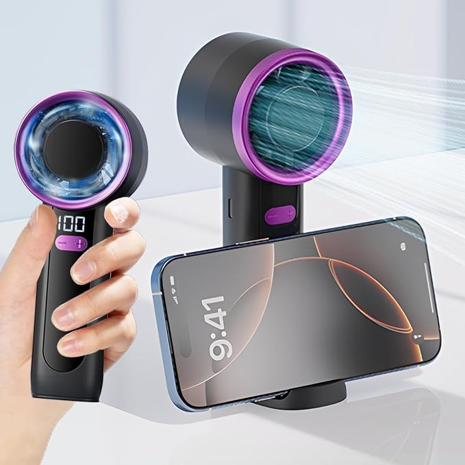 Handheld Fan Rechargeable, Mini Portable Hand Fan with 6 Speeds, USB-C Personal Fan with LED Display & Phone Stand, 12H Battery Travel Fan for Office, Makeup, Outdoor by Evoliq