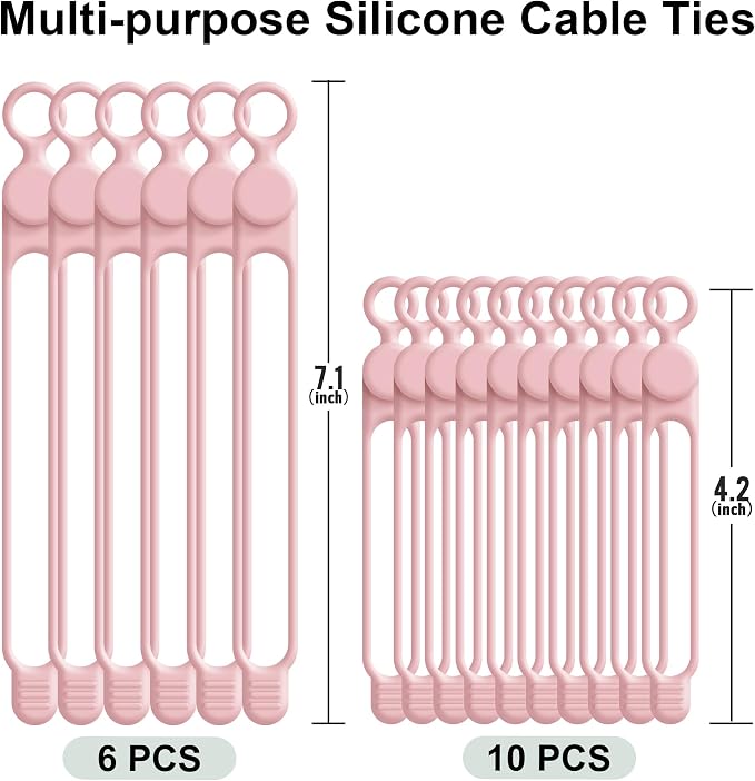 Silicone Cable Ties, Cord Organizer Cable Management,2Sizes-Pink | Reusable Cord Ties for Electronics, Office Desk Accessories, Home Travel Essentials, Easy to Use, 4.2 Inch & 7.1 Inch-16Pcs - Image 6