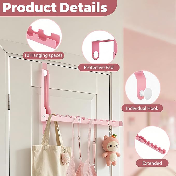 Pink Over the Door Hanger for Clothes Foldable for Space Saving | Heavy-duty for up to 1 3/4" thick door, with 11 slots for hanging clothes, perfect for laundry rooms and bedrooms to hang - Image 3