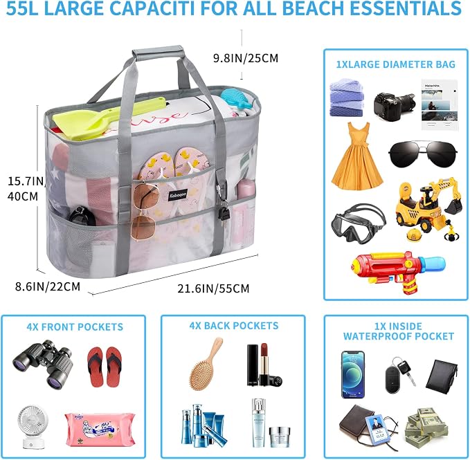 KABAQOO Mesh Beach Bag, Extra Large Beach Bags with 9 Pockets & Zipper Waterproof Lightweight Beach Tote for Beach/Pool Trip - Image 3