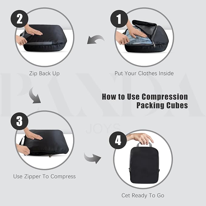 4 Set Compression Packing Cubes Travel - Travel Accessories Expandable Packing Organizers for Carry On - Essentials Luggage Bags - Black - Image 2