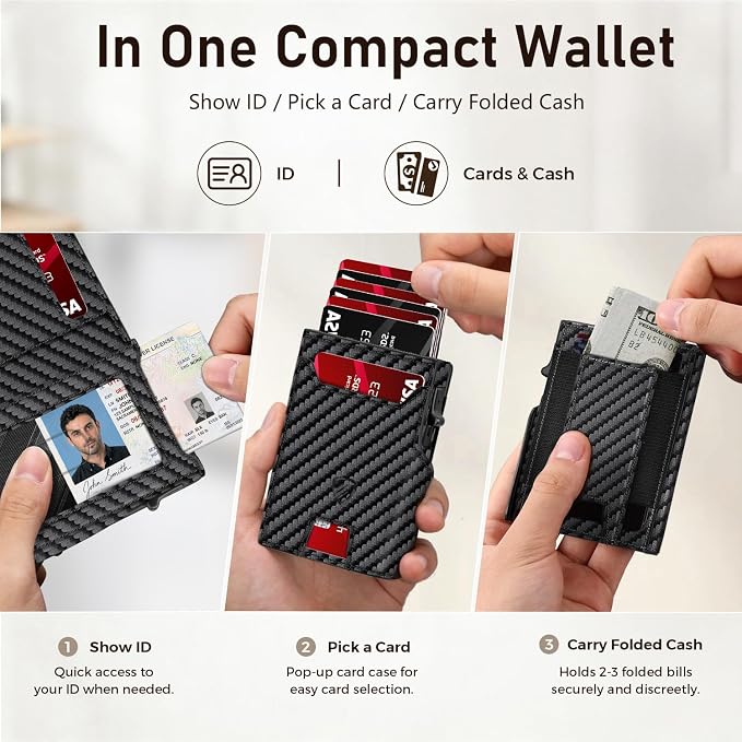 RUNBOX Wallet for Men, RFID Blocking Pop-Up Card Holder, Carbon Black | Minimalist Aluminum Smart Wallet with ID Window, Compact Credit Card Holder, Stretchable Cash Slot, Birthday Gift for Men - Image 6