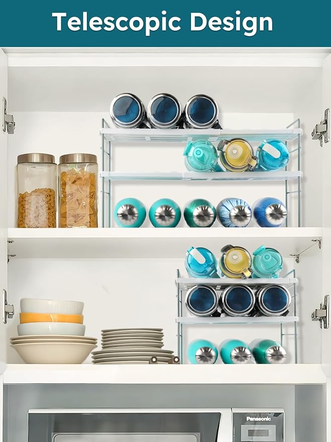 10.6-16.7" Adjustable Width Water Bottle Organizer for Cabinet, 3-Tier Expandable Water Bottle Holder Rack, Cup and Tumbler Storage for Kitchen Organization, Sports Flask, Insulated Travel Mug, Fridge - Image 6