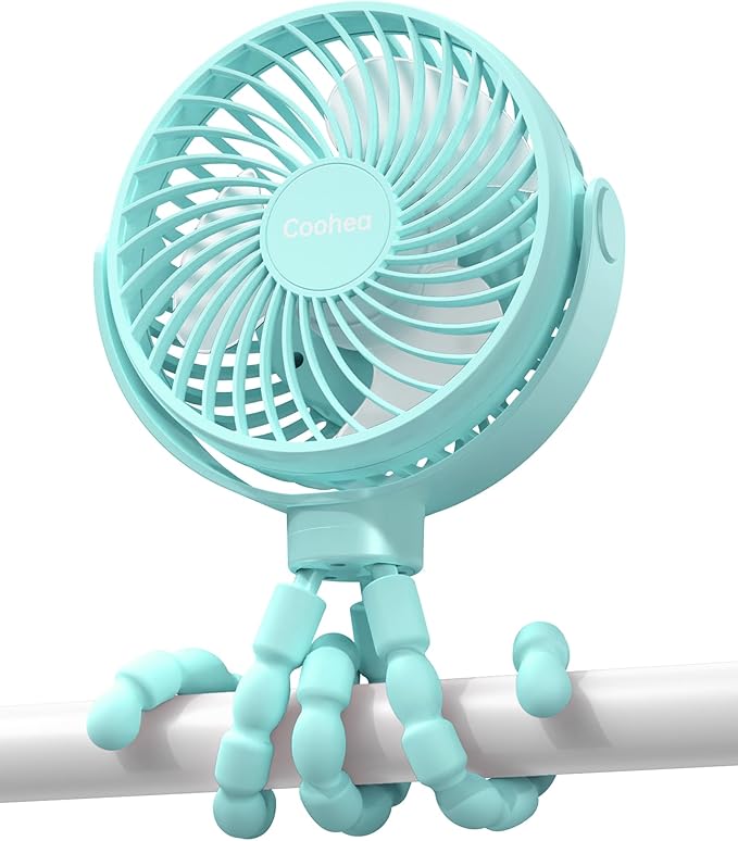 Coohea Clip on Stroller Fan, Rechargeable Long-Lasting Power Wind Fan, Blue | 4000mAh Battery Operated, 360° Rotatable Flexible Tripod, 3 Adjustable Speed, Portable Fan for Car Crib Backseat Beach Travel by Coohea