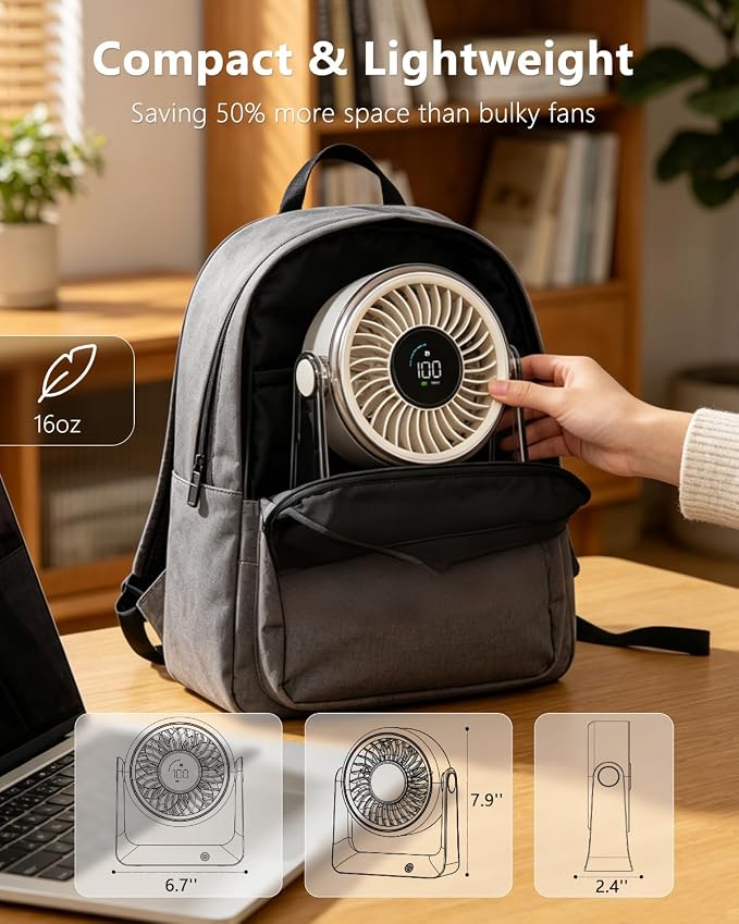 Desk Fan USB Rechargeable, Portable Small Desktop Fan with 6 Speeds Digital Display, 360° Rotation Quiet Table Fan, 4000mAh Battery Powered Fan for Bedroom Home Office Travel, White - Image 8