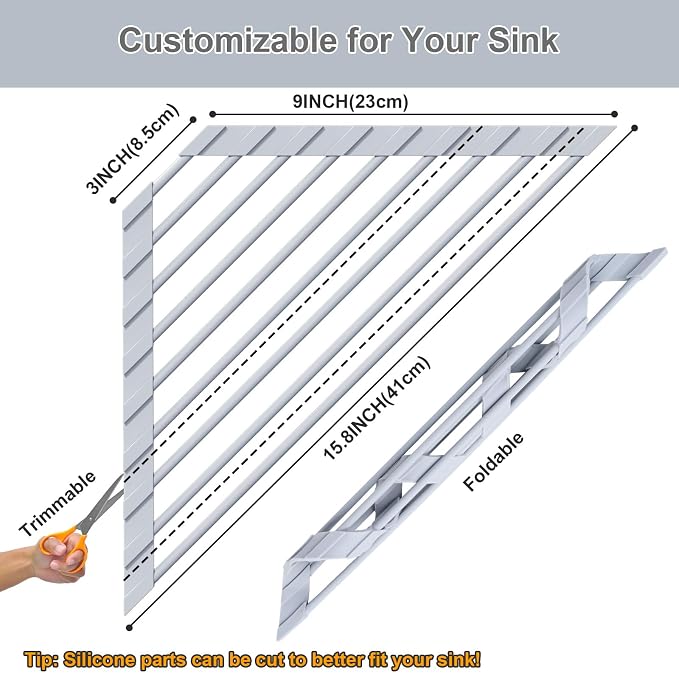 HANZENMA Triangular Sink Rack, Multi-Functional Rack Above the countertop, Foldable Sink Drying mat, Heat-Resistant, Non-Slip, and Rust-Proof Dish Rack (Gray) - Image 2