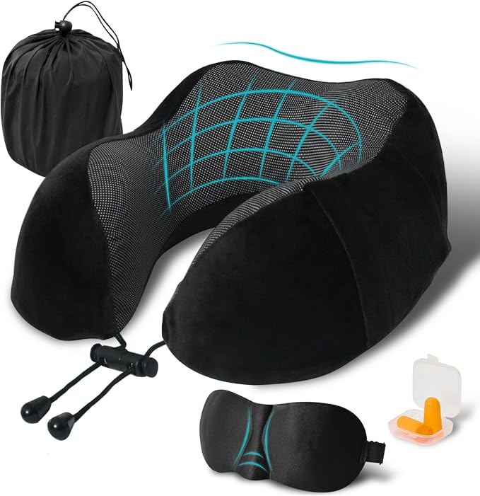 Travel Pillow, Memory Foam Neck Pillow for Traveling, U Shape Neck Pillow Airplane Portable Flight Pillow Travel Kit with 5D Contoured Eye Masks and Earplug for Plane Train Car Home Office by Unknown